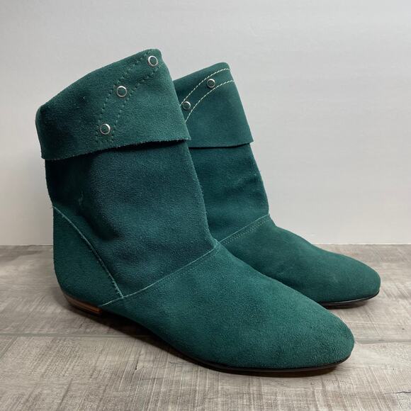 Vintage Hunter Green Suede Leather Point Toe Stud Peter Pan Ankle Boots sz 6 7 - Picture 1 of 10